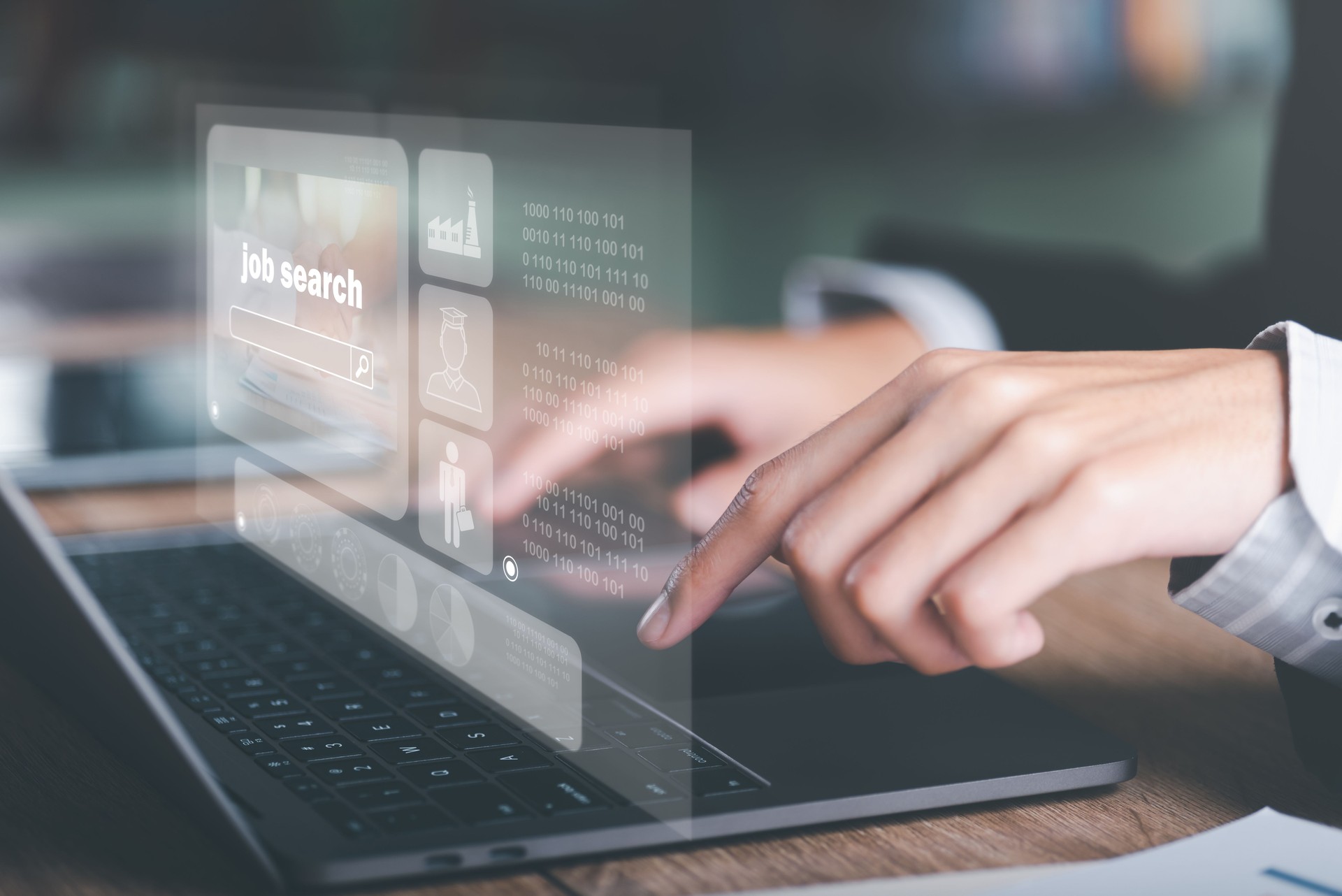 Man using laptop showing online job search, career search ideas, recruitment, HR search, form websites and job applications,employment management of agencies with Internet technology